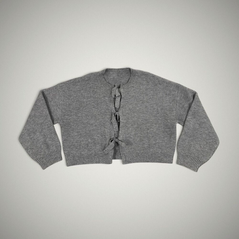 Cider Knit Round Neck Solid Tie Front Bowknot Cardigan Heather Grey Plus 4XL